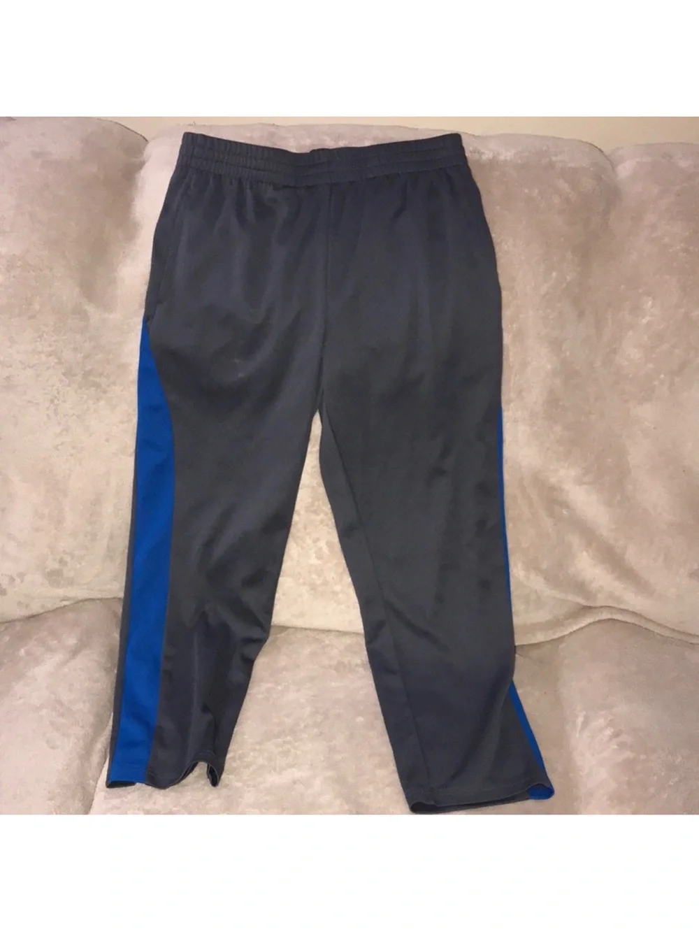 Tek gear medium Athletic Track Pants grey with Blue Side Stripe damaged